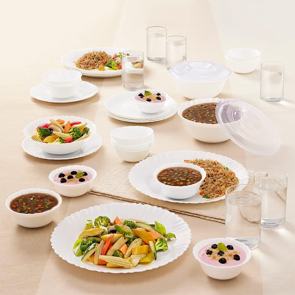 Larah by BOROSILPlain White Silk Series Opalware Dinner Set with Vision Drinking Glasses, 35 Pieces, White, Opal Glass Dinner Plates & Bowls & Glasses, Crockery Set for Dining