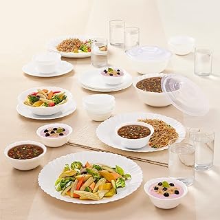 Larah By Borosil Brand Logo Silk Series Opalware Dinner Set with Glasses, 35 Pcs for Family of 6, Microwave & Dishwasher S... Price In India