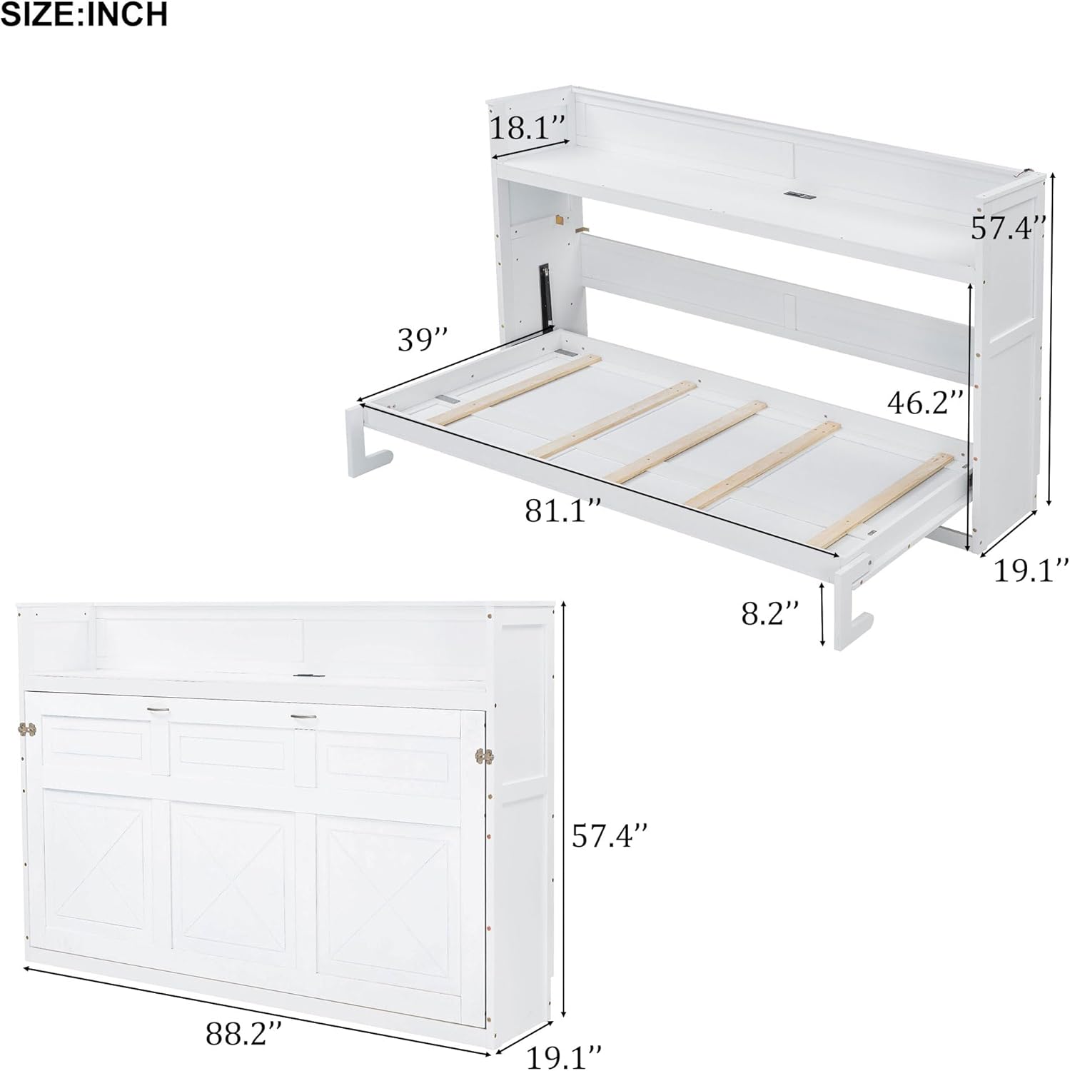 Merax Twin XL Size Murphy Bed, Wooden Murphy Bed with Desk, LED Light and USB Charging Station, White