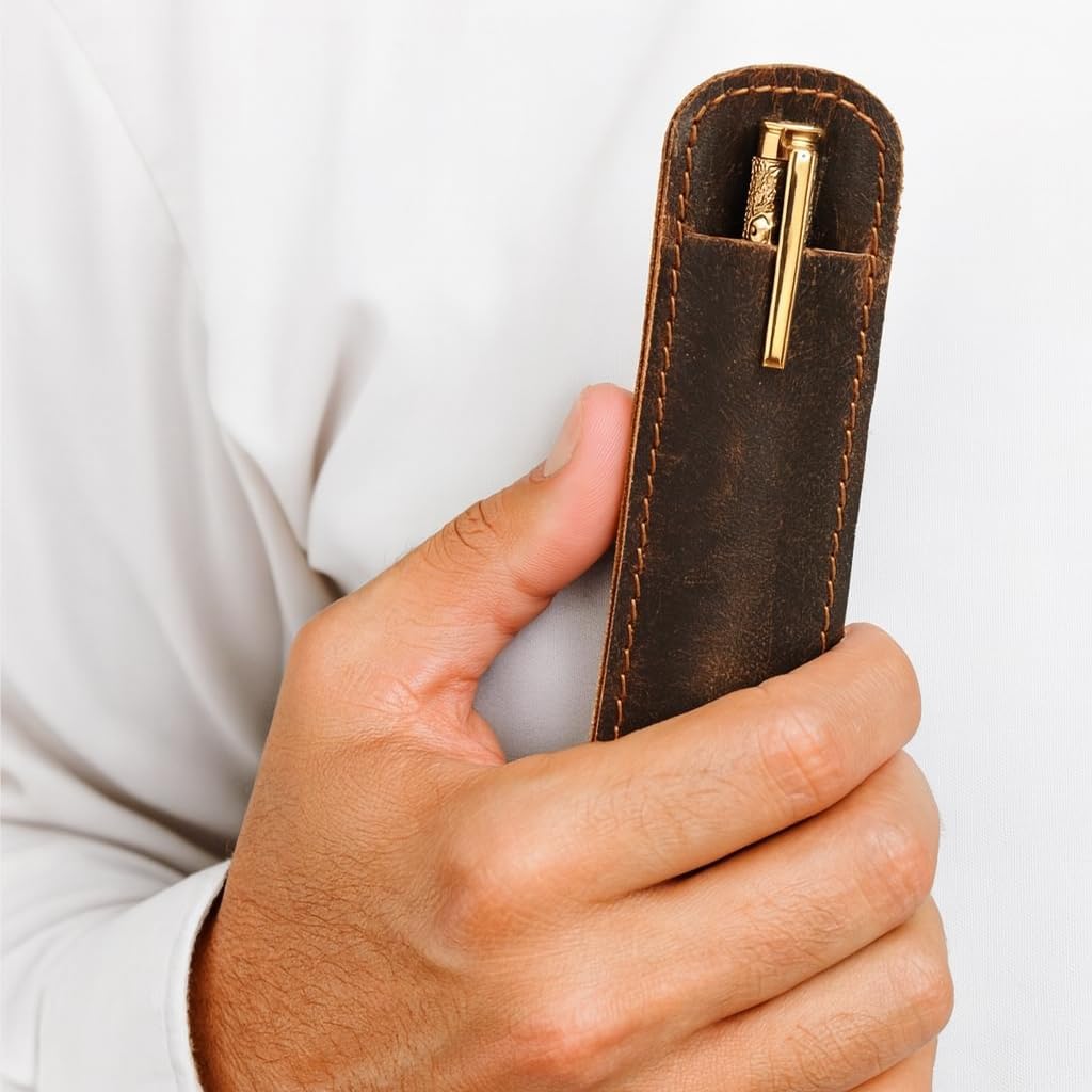 Handmade Genuine Leather Single Pen Case – Luxury Brown Fountain Pen Sleeve Holder, Full-Grain Leather Pen Pouch for Vintage & Modern Pens, Protective Pen Cover Gift for Men & Women