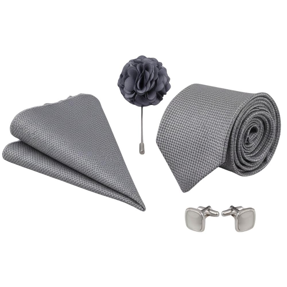 calixto Men's Criss Cross Light grey Design MicroPoly Formal Necktie Tie With Pocket Square,Lapel Pin,Cufflinks, Solid Color Tie with Silky Feel (Leatharite Gift Box) (Grey) (Pack of 4)-picture-52