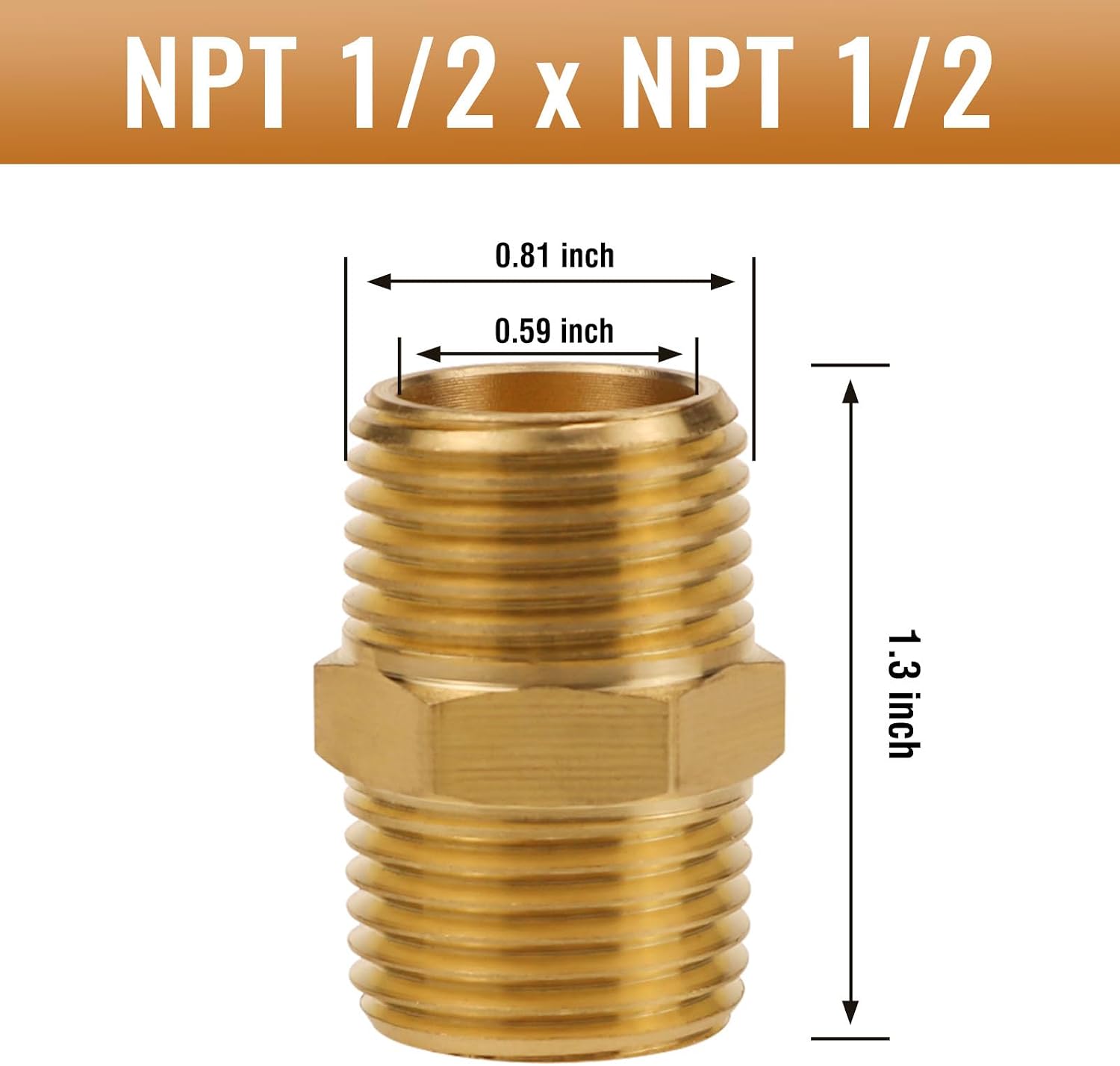 Brass Hex Nipple NPT 1/2 Male Pipe Fitting Adapter for Air, Water, Oil, Gas, 2PCS