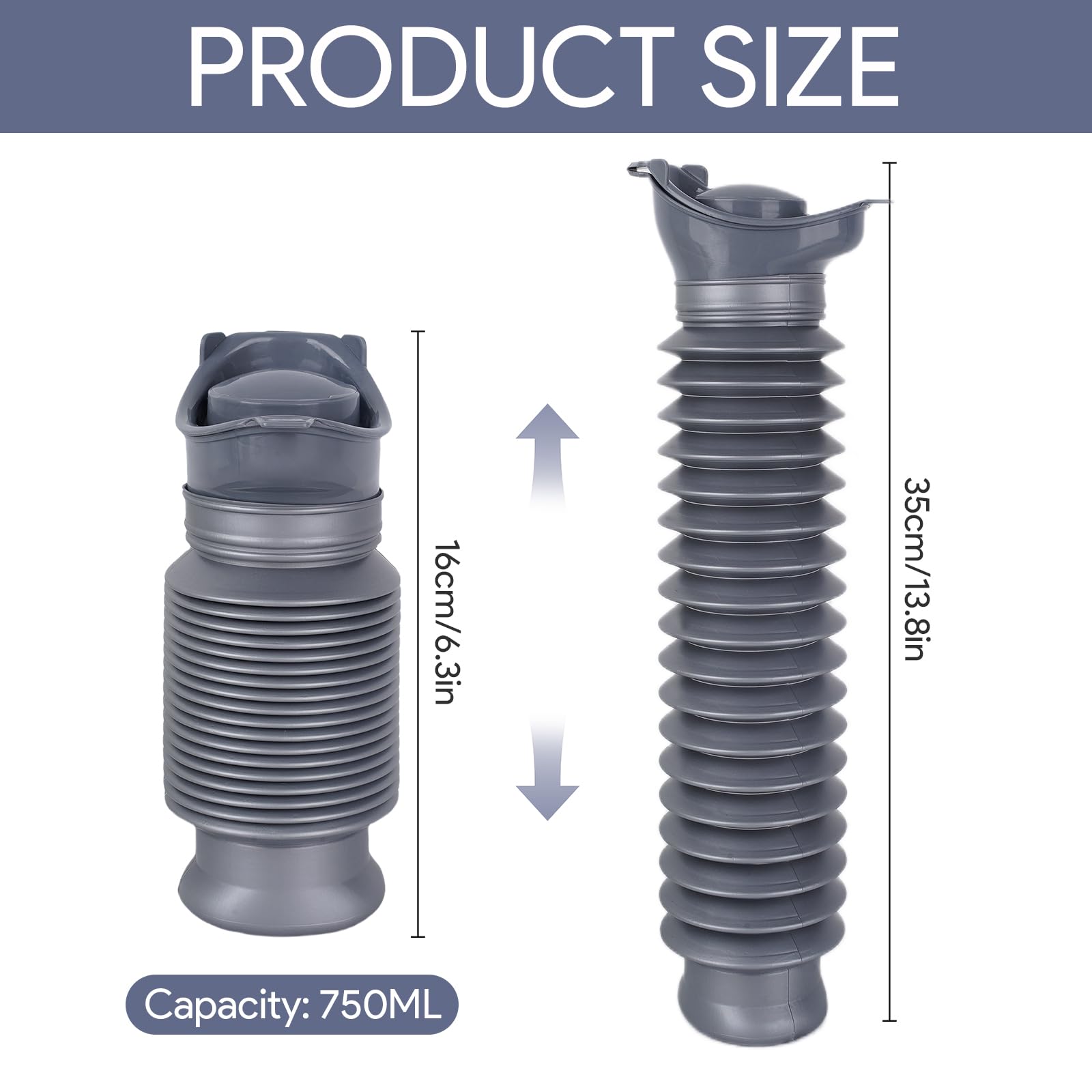 Hoohnnaa Portable Urinal for Men, 750ml Scalable Emergency Travel Urinals for Men Women, Collapsible Pee Bottle with Sealed Lid, Reusable Mini Toilet Potty for Camping Travel Car Traffic Jam (2 Pack)