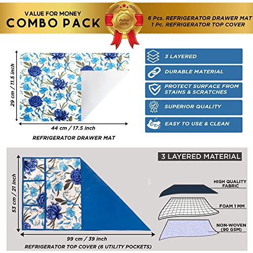 Image of Polyester 3-Layered Fridge Top Cover /Refrigerator Cover With Utility Pockets and Set of 6 Pc Fridge Mats (Color-Floral Blue, Size-39x21 Inch)