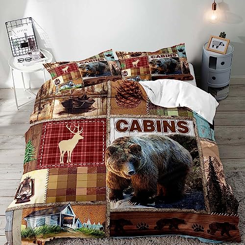 Vivihome 3Pcs Deer Black Bear Bedding, Duvet Cover Queen, Rustic Bedding, Vintage Red Plaid Forest Animal Wildlife Lodge Cabin Country Farmhouse Bedding, Patchwork Quilt Comforter Cover, 2 Pillowcases #TOP1