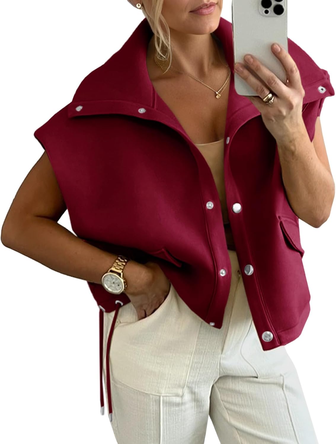 Cicy Bell Womens Fall Oversized Vest Cropped Button Down Cap Sleeve Lapel Collar Jackets Casual Drawstring Outerwear