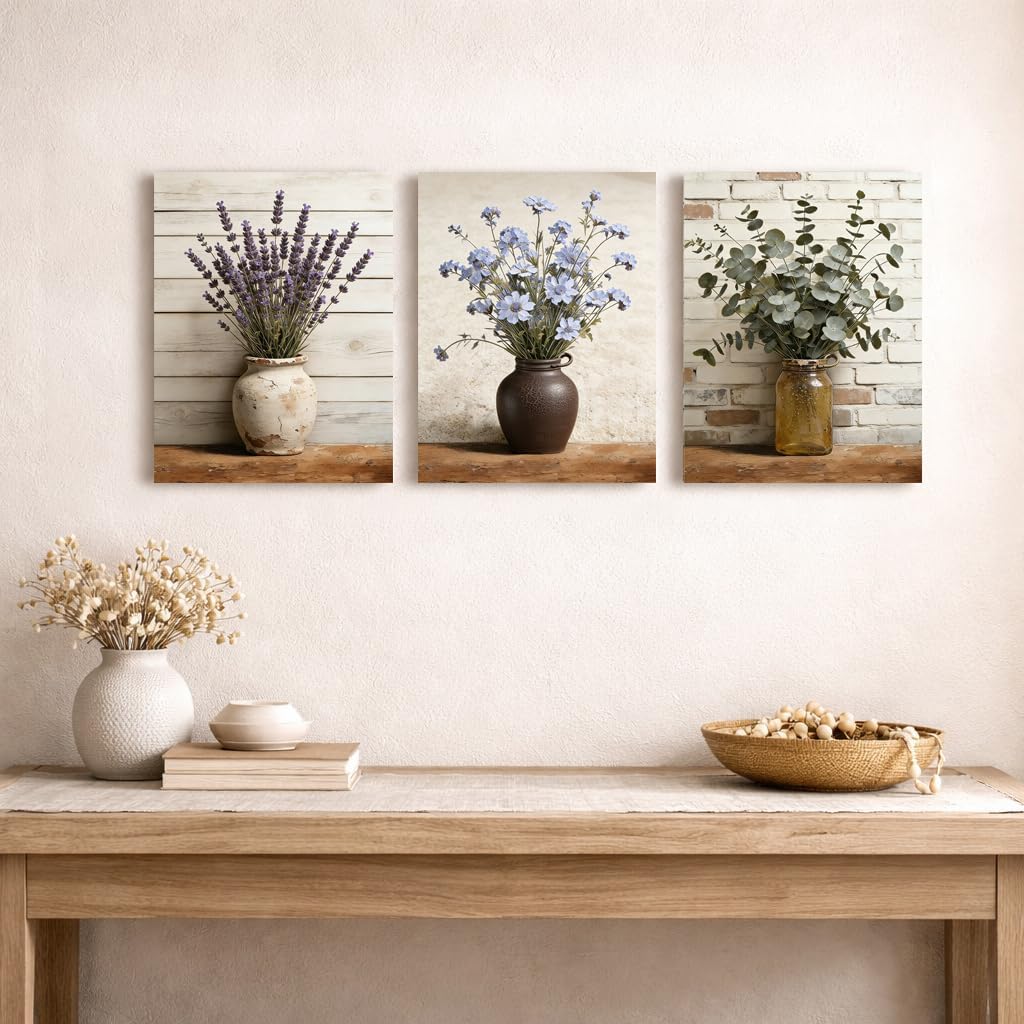 Artiluxy Farmhouse Botanical Wall Art Set of 3, Rustic Lavender Eucalyptus Floral Canvas Wall Decor, Neutral Vintage Flower Pictures for Living Room Bedroom, Ready to Hang 12x16 Inch(BrownA)