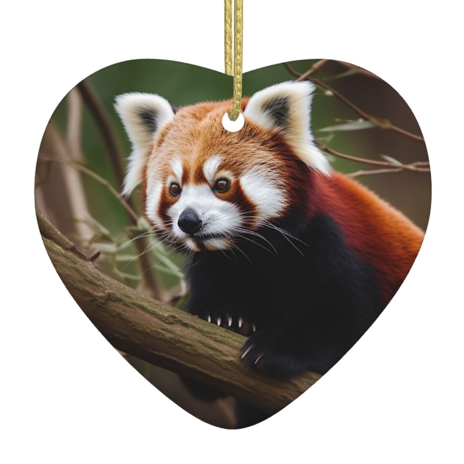 Ceramic Christmas Tree Hanging Ornaments with Gold Ropes Christmas Tree Decorations Heart Ceramic Red Panda on Tree Branch Pendant Keepsake Decorations for Holiday Xmas Gift Ideas