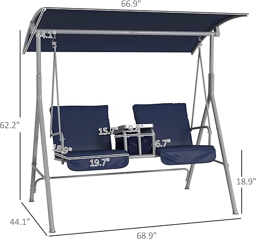 Miniatura 7 de Outsunny Columpio de porche para 2 personas con soporte, columpio al aire libre con toldo, mesa de almacenamiento pivote, 2 soportes para tazas,