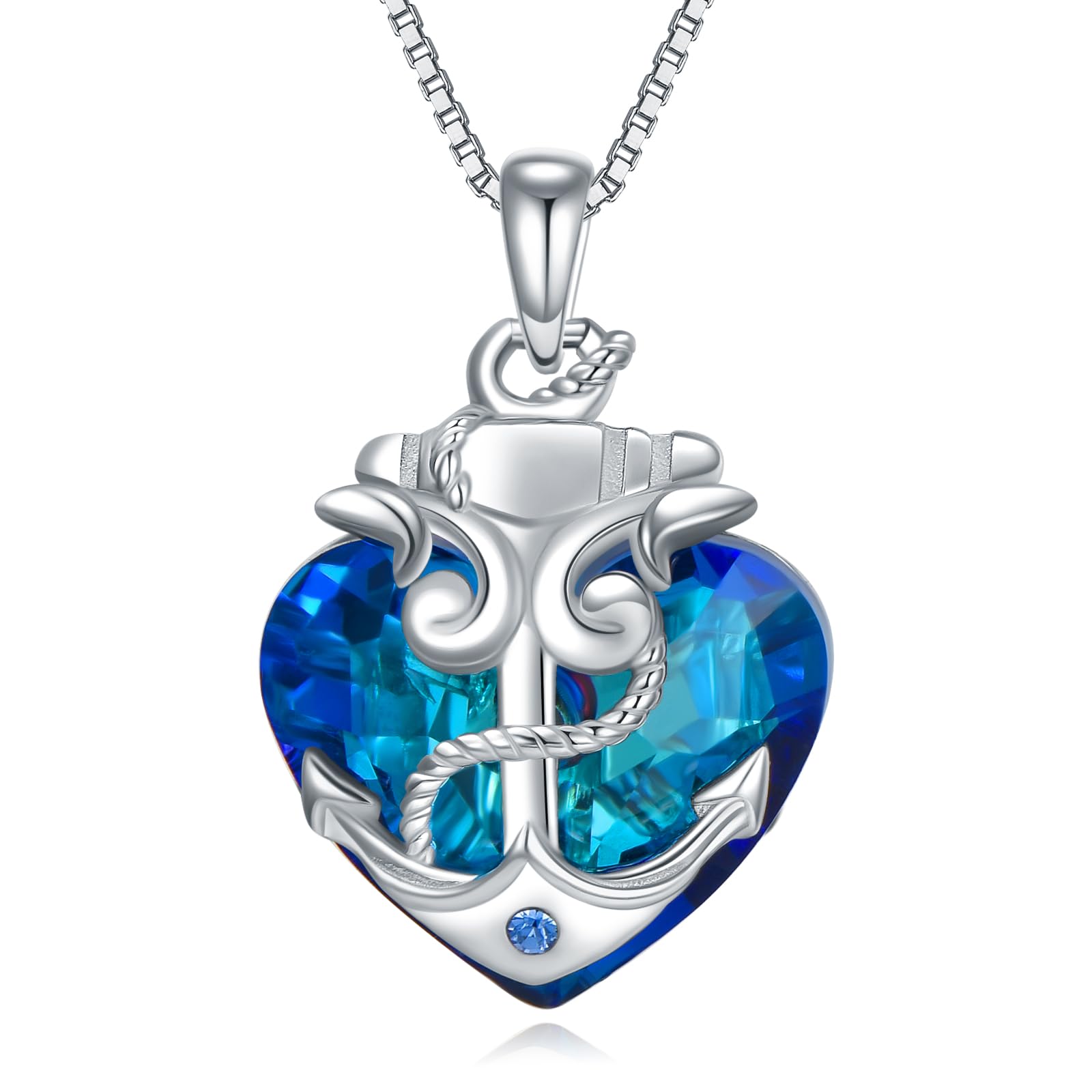 YAFEINI Anker Halskette für Damen 925 Sterling Silber Blau Ozean Herz Nautische Anhänger Kette Kristall Schmuck Geschenk für Mädchen Mutter Tochter