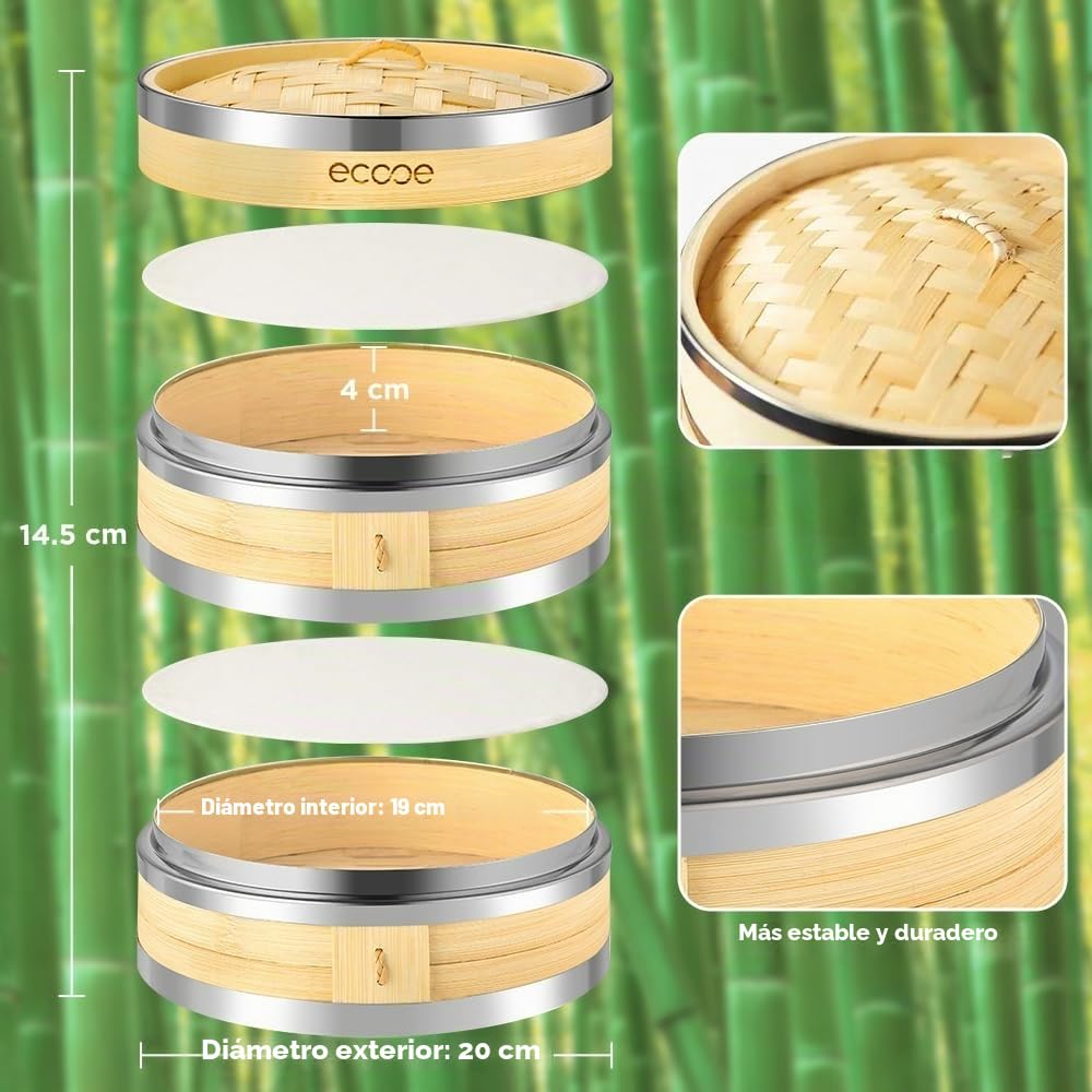 Ecooe Cesta de vapor de bambú 20 cm con 2 paños de algodón para verduras, dim sum, pescado y carne