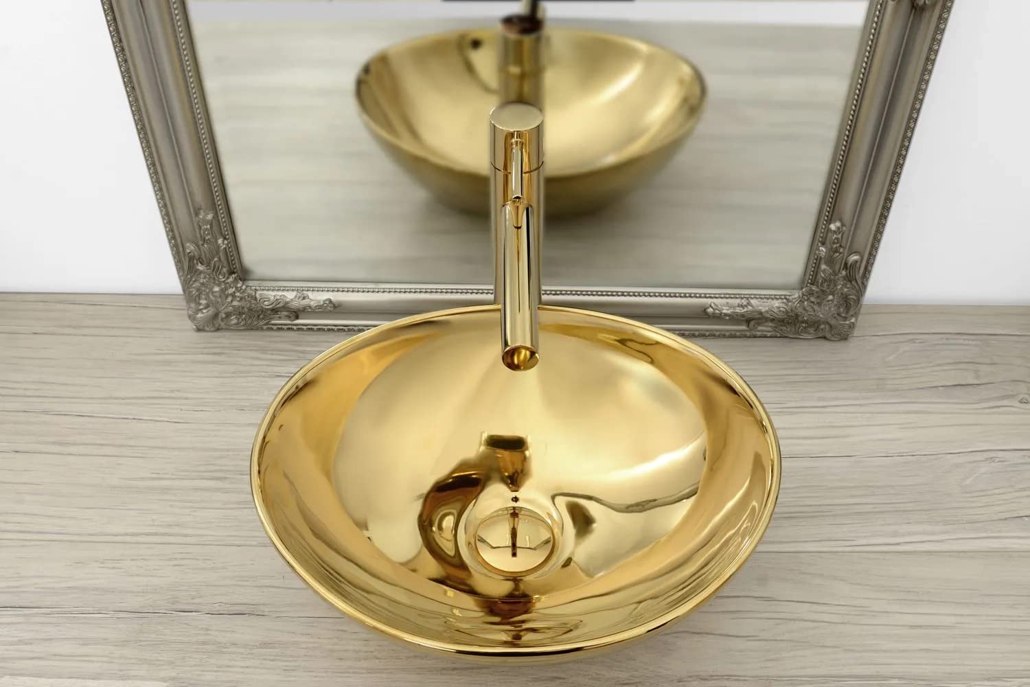 VBChome Waschbecken Gold + Armatur 41 x 35 x 15 cm Kleine Keramik Oval Waschtisch Handwaschbecken Aufsatzwaschbecken Waschschale Gäste WC