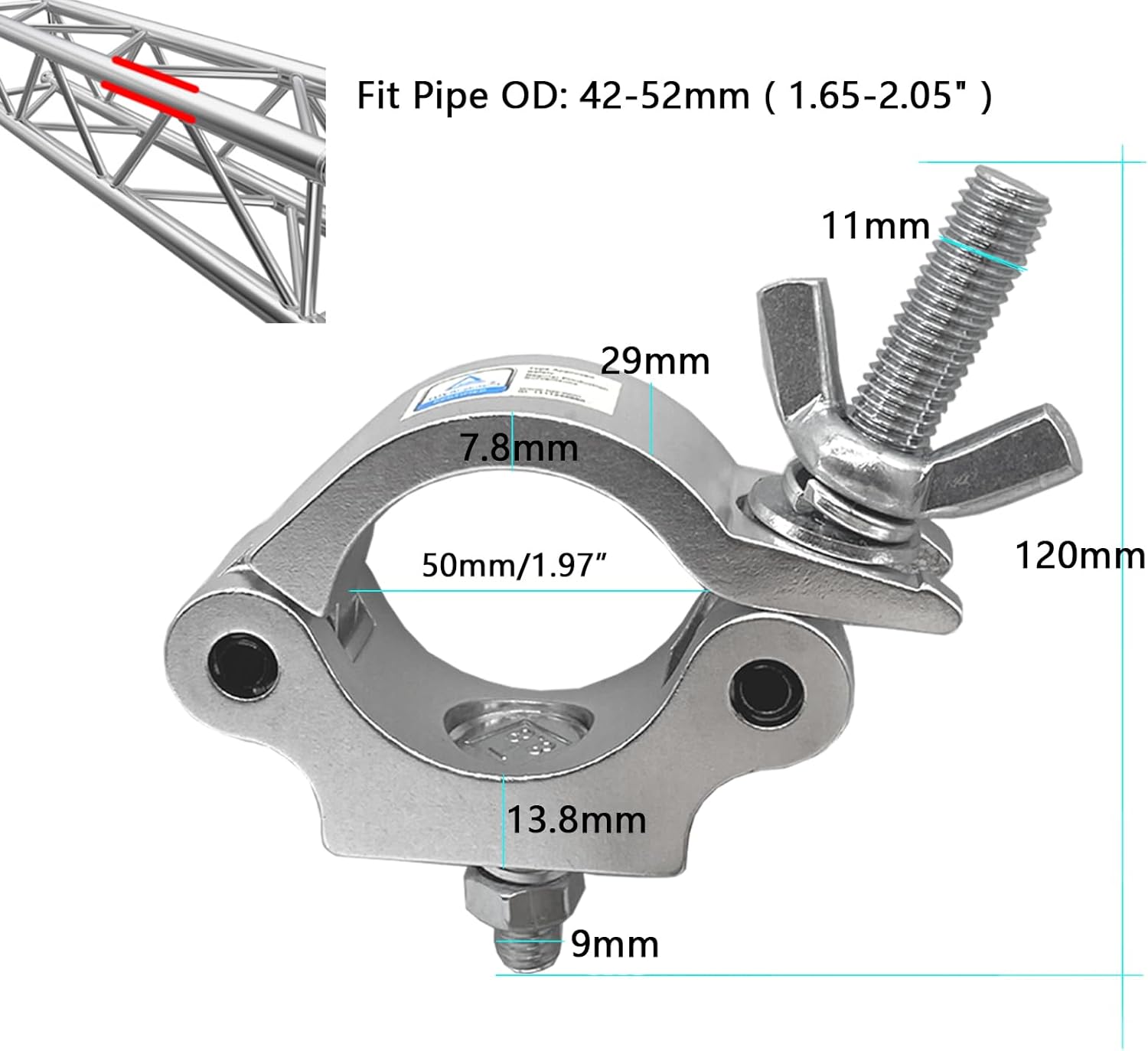 Premium Aluminum Alloy Heavy Duty 550 LB O Clamp for Spot Lights - Fits 42-52mm Tube/Pipe - Stage Lighting - Silver (Pack of 4)