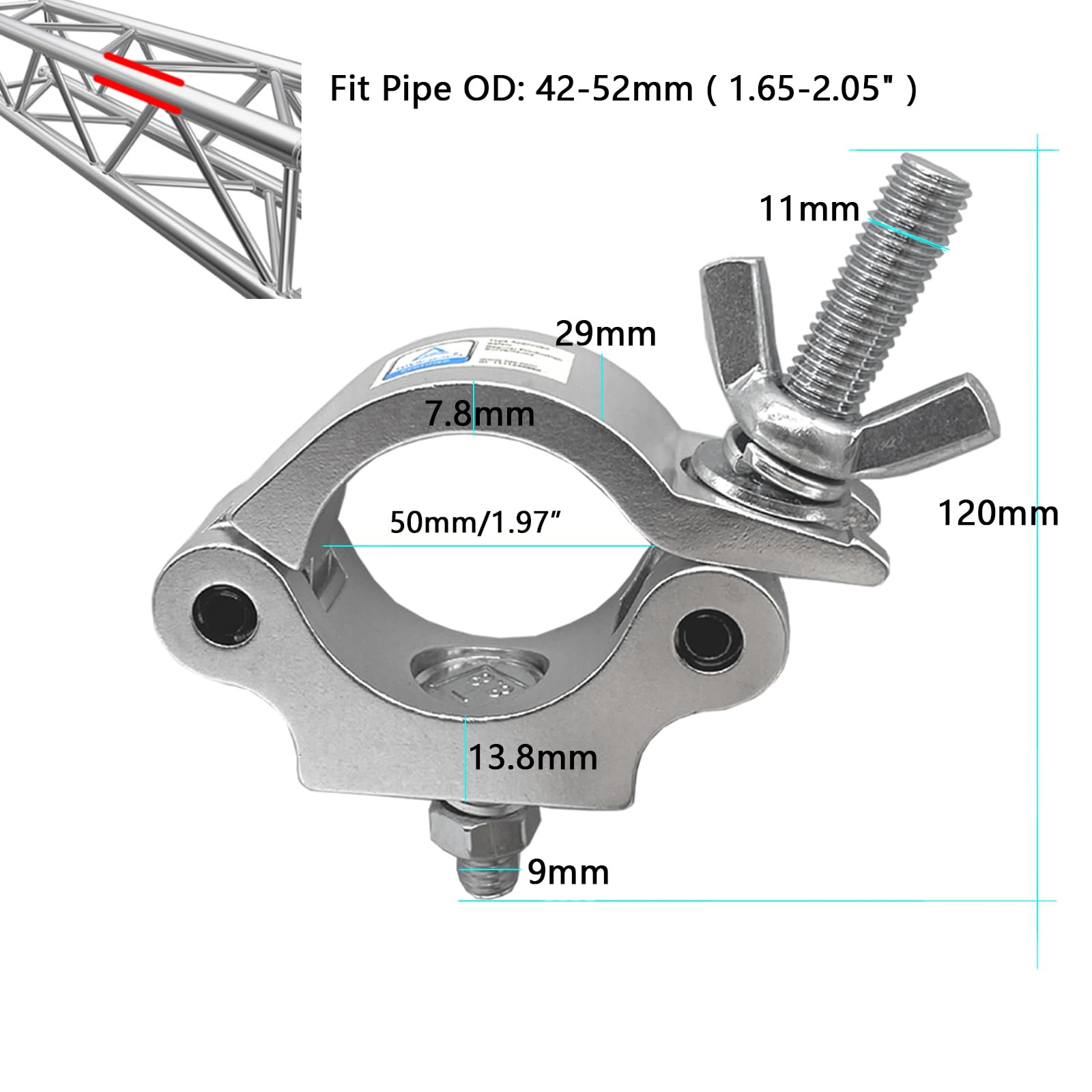 Hochwertige Aluminium-Legierung, robuste O-Klemme für Strahler, 250 kg, passend für 42–52 mm Rohre/Rohre, Bühnenbeleuchtung, Silber, 4 Stück