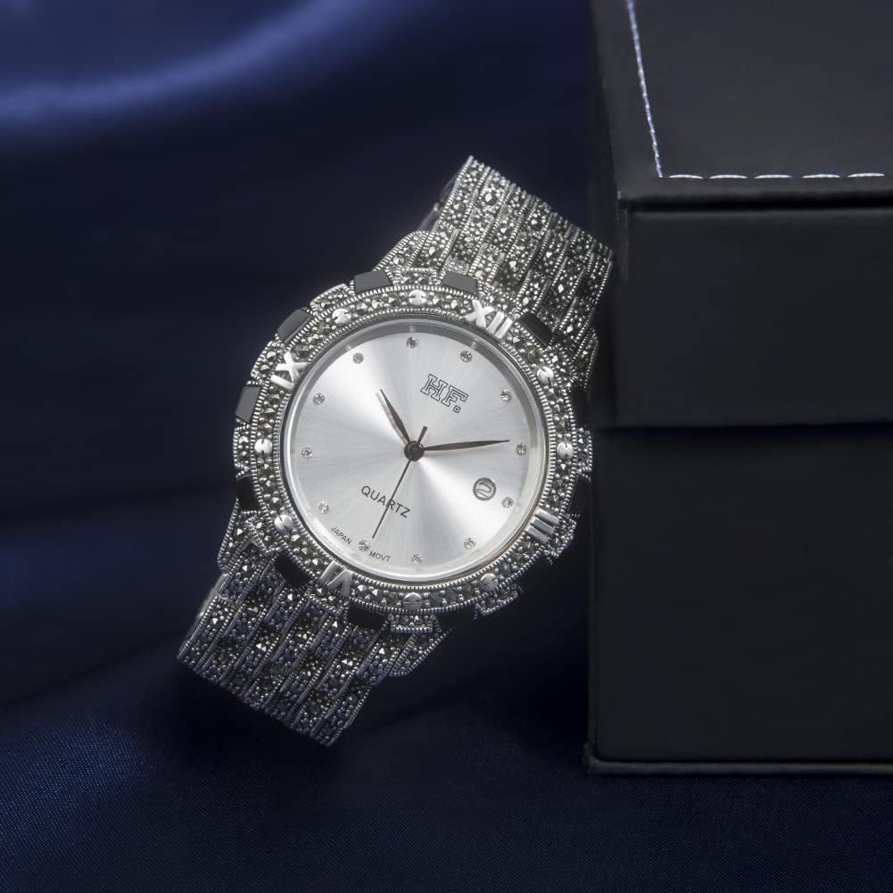 Men Thai 925 Sterling Silver Marcasite Luxury Wrist Watches (Silver 21CM)