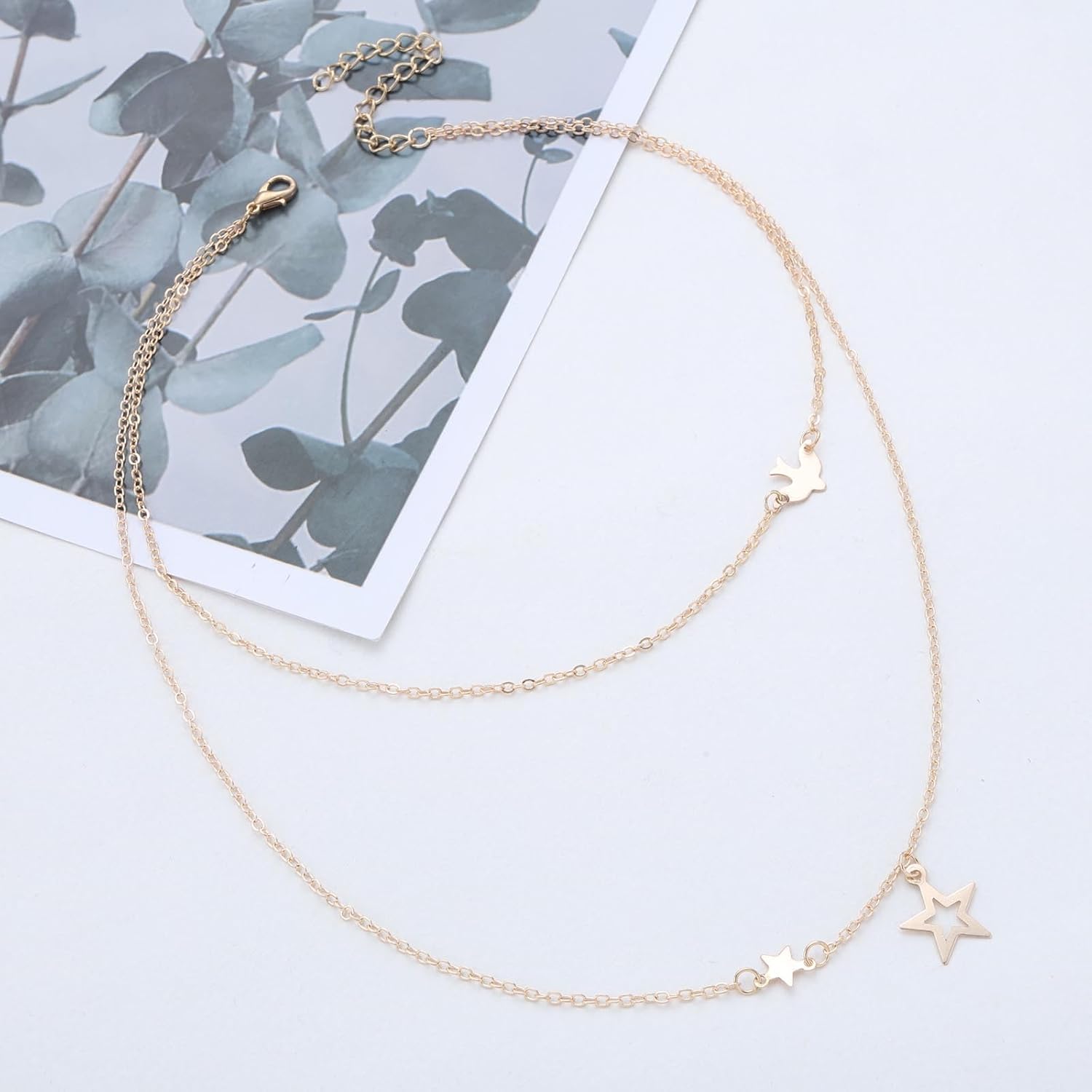 Bohemian Layered Star Choker Necklace Gold Peace Dove Collar Necklace Metal Hollow Star Pendant Necklaces Minimalist Dove Bird Chain Necklaces Jewelry for Women - Image 5