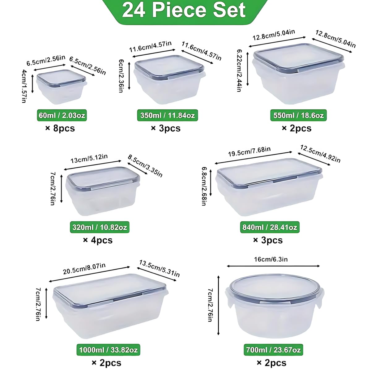Juego de 48 recipientes herméticos con tapa, cajas de almacenamiento para alimentos (24 recipientes+24 tapas), cajas de almacenamiento de cocina, herméticas y a prueba de fugas, sin BPA, aptos para