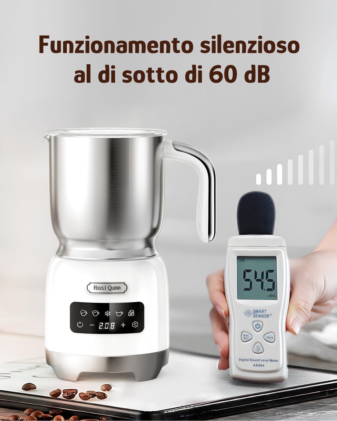 Hazel Quinn Montalatte Elettrico 5 in 1 per Cappuccino, Acciaio Inox 304 e LED Touchscreen, Schiuma Latte Elettrico da 400 ML, Schiumatura a Caldo e a Freddo, Lavabile in Lavastoviglie, Bianco