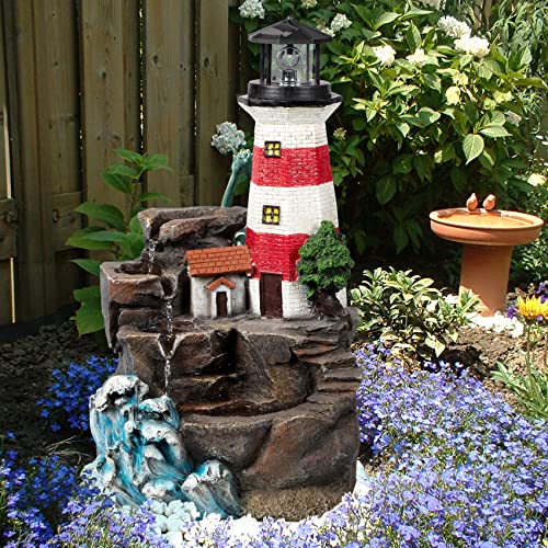 Ferrisland Lighthouse Big Waterfall Fountain Outdoor, Freestanding Relaxing Water Fountain, Garden Backyard Decking Home Nautical Art Decor, Gift Ideas(Red & White, 23' H)