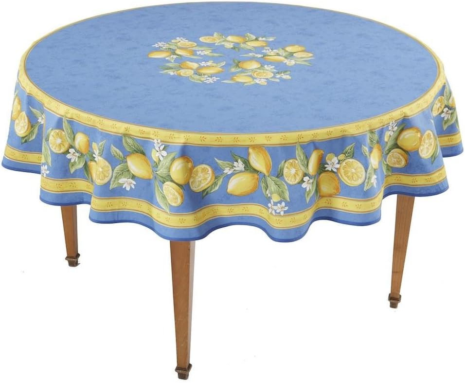 Citrons Bleu Round French Tablecloth, Coated Cotton, 71 in Diameter