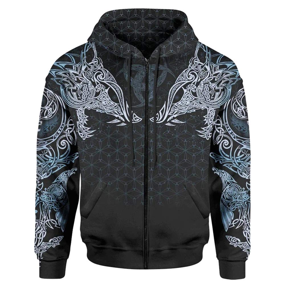 WDBAYXH Viking Triple Horn of Odin Fenrir Wolf 3D Print Full Zip Sweatshirt, Norse Mythology Germanic Icelandic Celtic Pagan Hoodie, Vintage Big Pockets Autumn Pullover,Zip,M