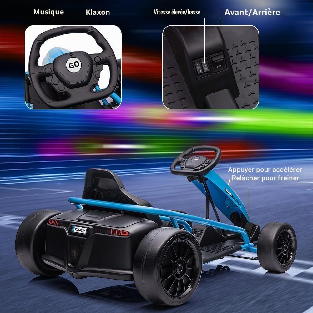 Go-Kart électrique Enfant 24V Drift, 2x300W, 6–18 km/h, Batterie 9Ah, démarrage progressif, siège réglable, autonomie env. 60 Min, Musique/MP3 + klaxon, Puissance 70 kg - Bleu