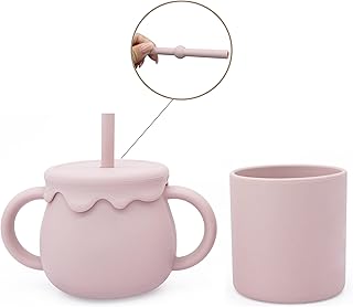 Skylarq Silicone Sippy Cups for Baby 6 Months and Open Toddler Cup, 8.5 OZ Spill Proof Sippy Cup with Straw, 6 OZ Open Kids Cup, Baby Sippy Cup with Straw (Rose Pink)