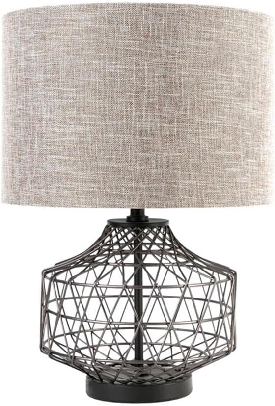 Pemberly Row 20" Bronze Barrel Metal Base Table Lamp, Gray Linen Shade, Modern Industrial Design, Durable Construction, 14"x14"x20", Warm Glow Lighting for Living Room, Bedroom, or Office Use