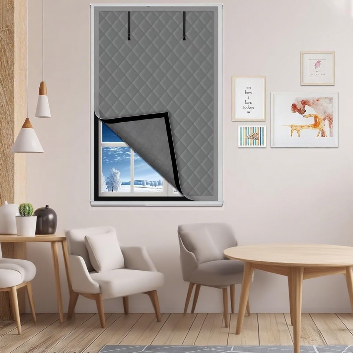Fenster Isolierfolie Wintern, Isolier-Vorhang & Verdunklungsfolie Set | Thermo Fensterabdeckung Aus Oxford-Stoff | 50-300cm | Kälteschutz, Windschutz, Energiesparen(Gray,150x200cm)