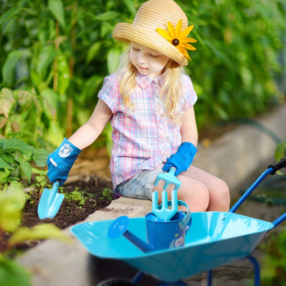 Colwelt Carriola in Metallo per Bambini, 5 Pezzi, Set da Giardinaggio Con Pala, Rastrello, Forchetta e Guanti (Blu)