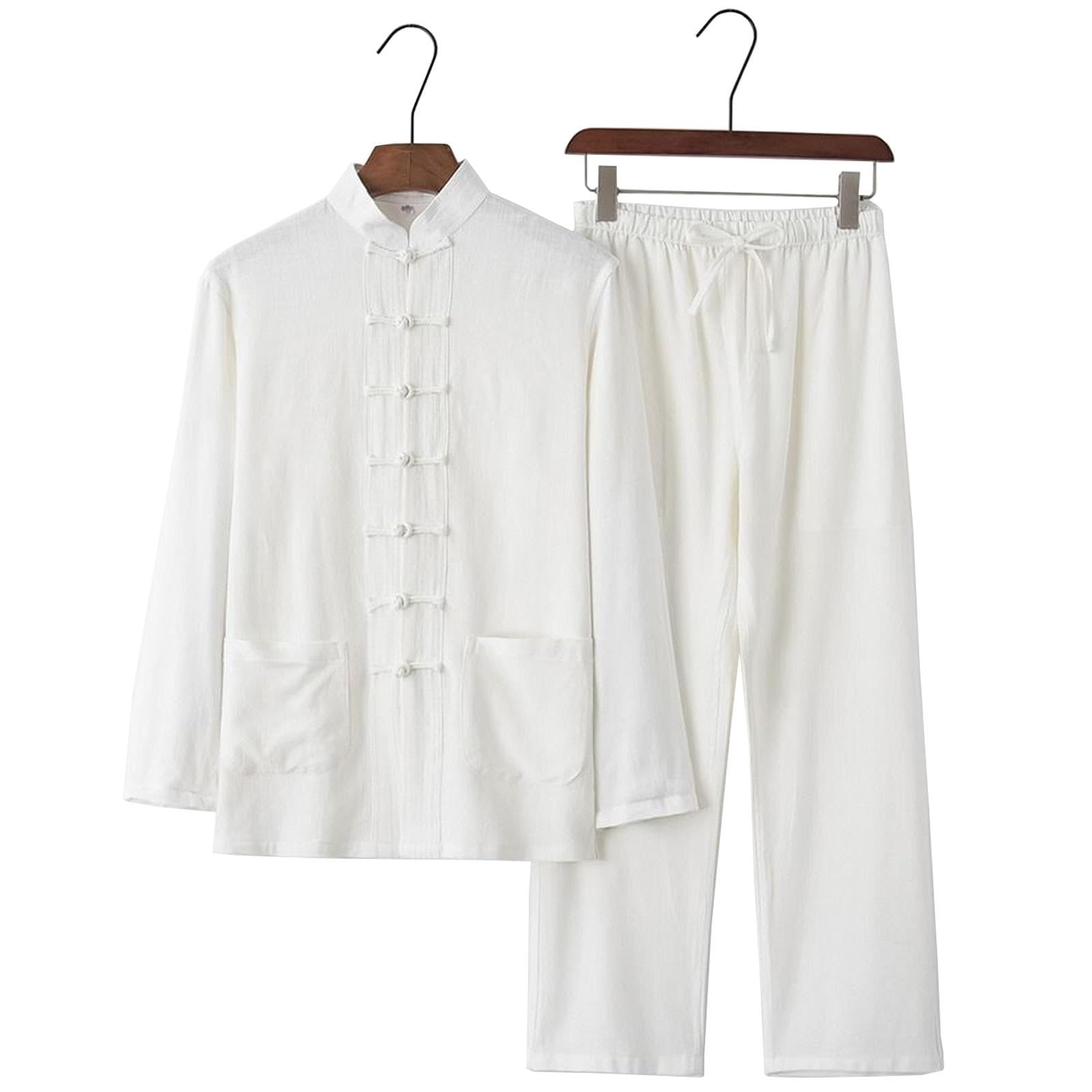 Uniforme Tai Chi Uomo Arti Marziali Tang Suit Abbigliamento per Esercizi mattutini Vestiti da Allenamento in Cotone e Lino per Anziani Principianti,White-M