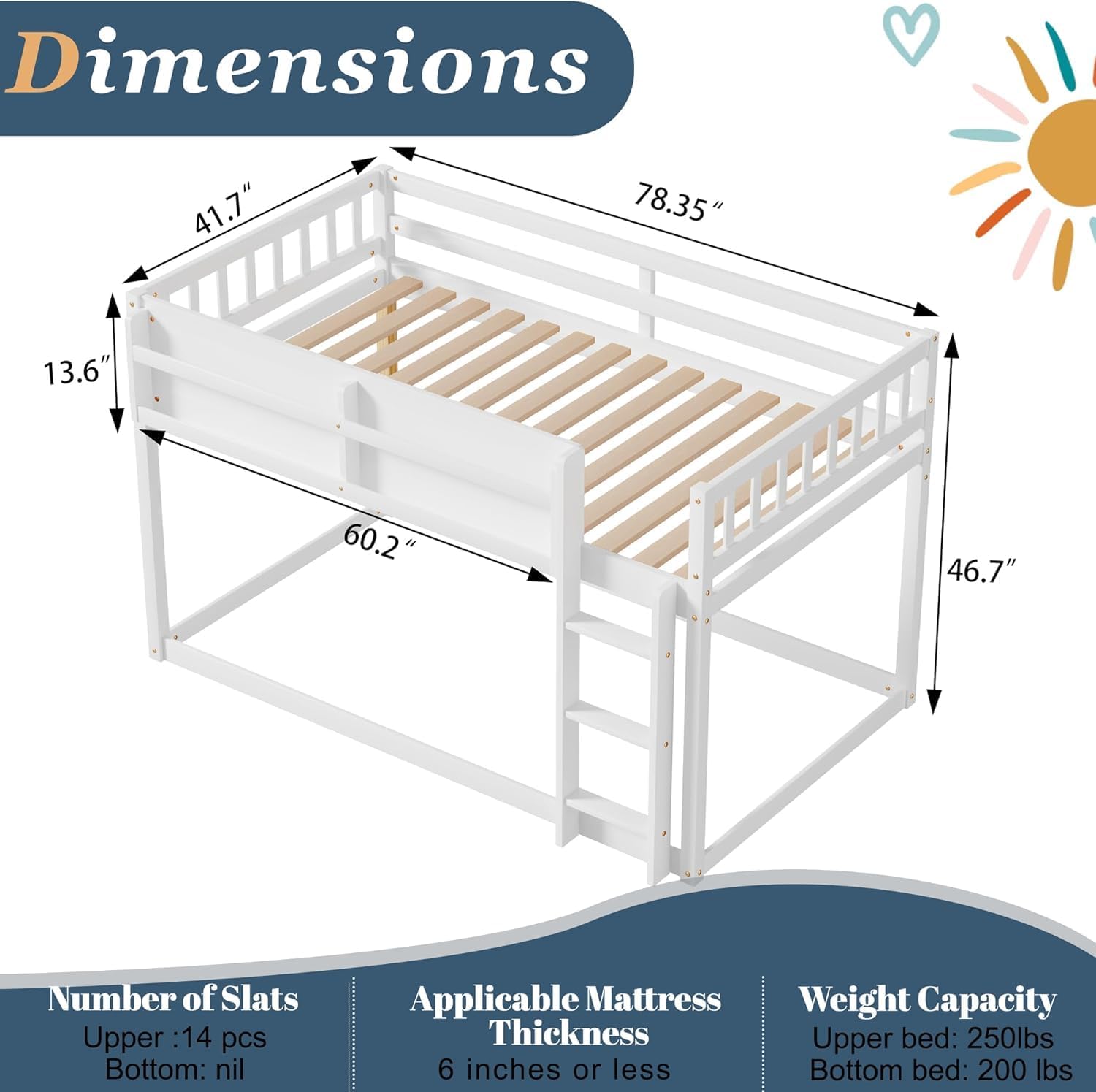 Twin Low Bunk Beds for Kids, Wooden Bunk Bed Frame Twin Over Twin, Convertible Floor Bunk Bed with Storage Shelf & Ladder, No Box Spring Needed (White)