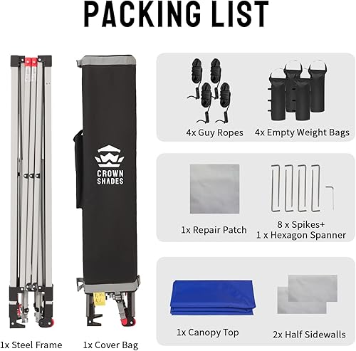 Miniatura 8 de CROWN SHADES Tienda de campaña desplegable de 10 x 10 pies con tela revestida de plata 150D, incluye 2 medias paredes laterales, 4 cuerdas, 8 Azul