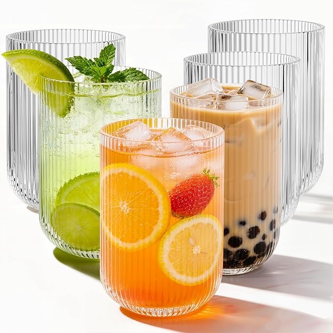 Image of criterion Ribbed Glass Cups Set of 4 - Clear Fluted Drinking Glasses for Iced Coffee, Boba Tea, Cocktails & Cold Drinks | Vintage Aesthetic Glassware for Home & Kitchen | 390ml