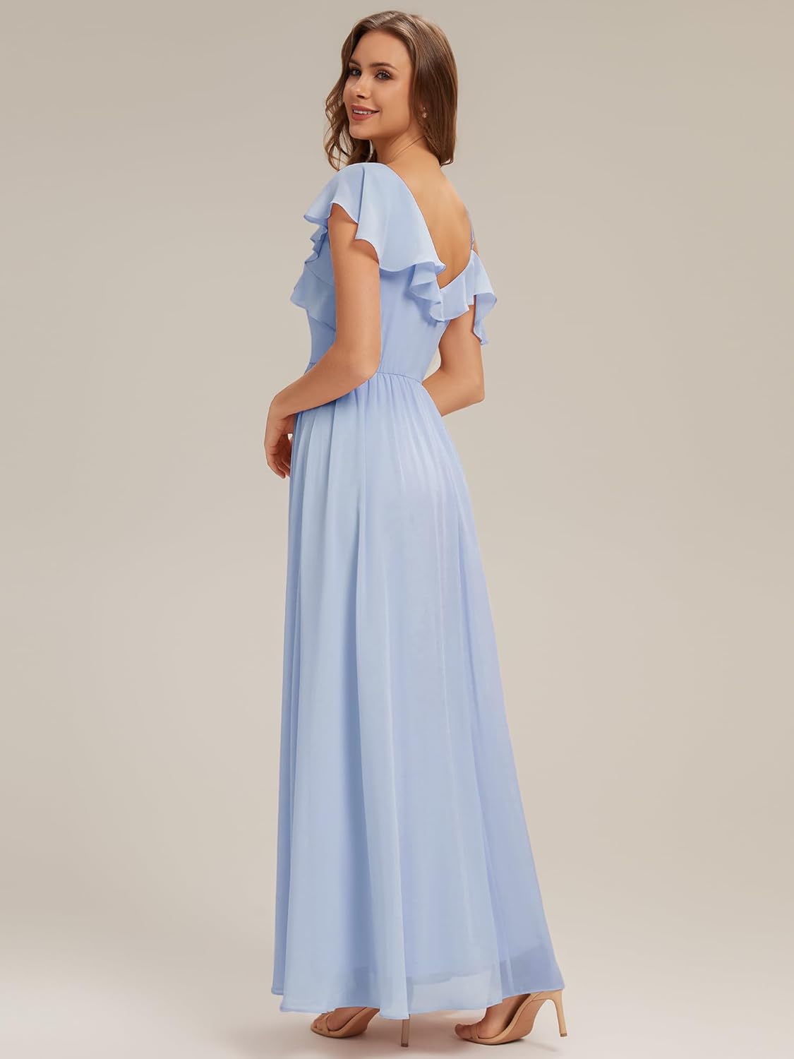 Ever-Pretty Women’s Chiffon Bridesmaid Dress V Neck Short Sleeves Ruffle A-Line Floor Length Formal Wedding Guest Dress 02709
