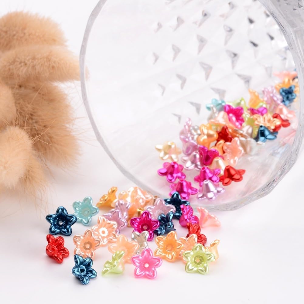 LiQunSweet 100 pcs Imitation Pearl Flower Acrylic Spacer Bead Caps Spring 5-Petal Floral Beads End Caps for DIY Jewelry Bracelet Necklace Earring Bag Keychain Decor