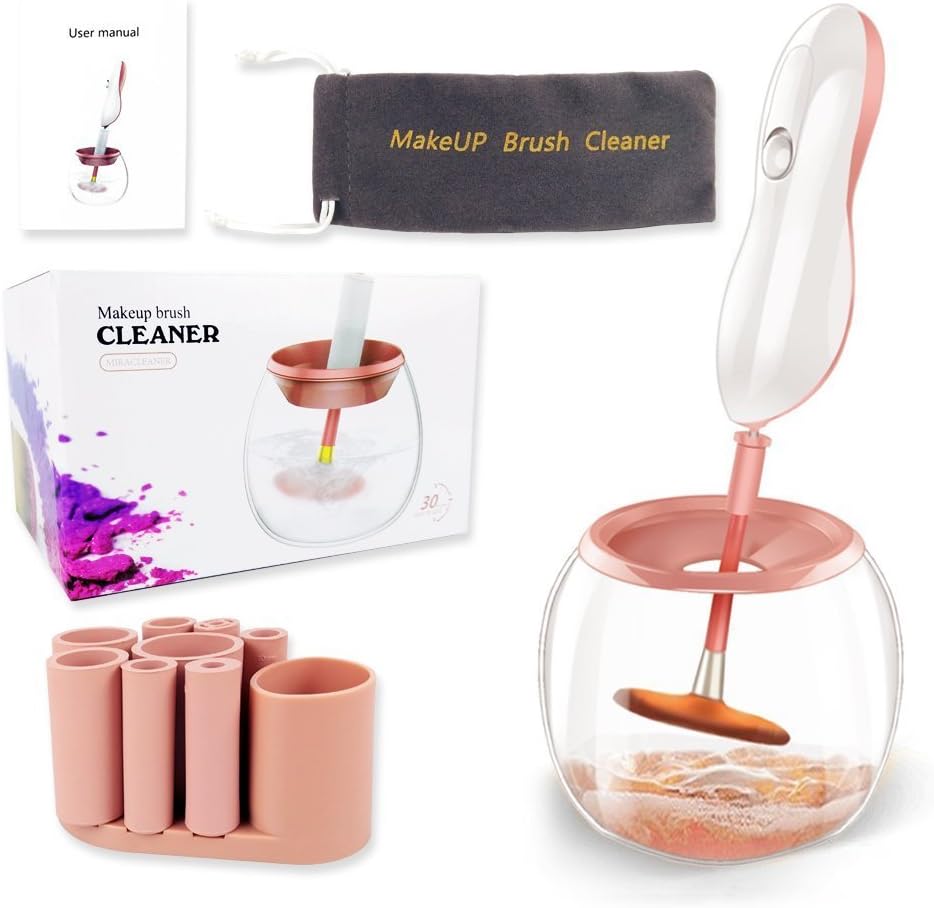 Cleno House Makeup Brush Cleaner, Electronic Automatic Brushes Cleaner Instantly Wash and Dry All Your Cosmetic Brushes in Seconds with 8 Rubber Collars - Pink