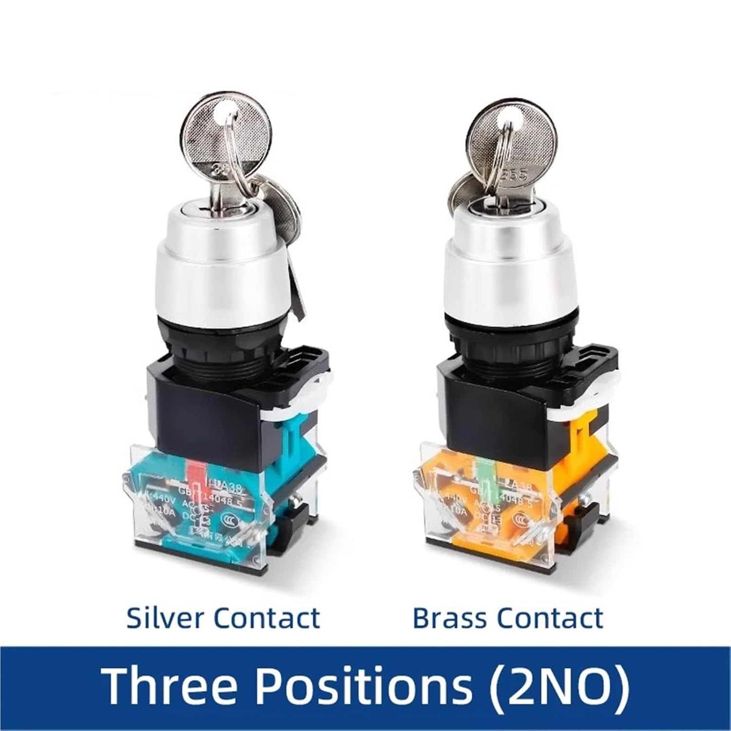 Switch Button Rotate LA38-11Y2 Two Positions 3P Self-Locking 22mm 1NO 1NC 2NO 10Pcs(Three Position 2NO,Brass Contact)