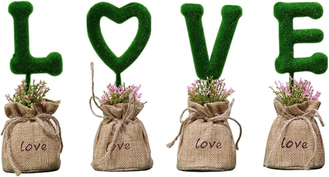 Love Letters Plant Pot Artificial Moss Flocked LOVE Pick with Lettering Burlap Base, Spell Love in Cloth Bag Planter Tabletop Faux Hedge Letters Flower Plant Set for Valentines Day Decor Love