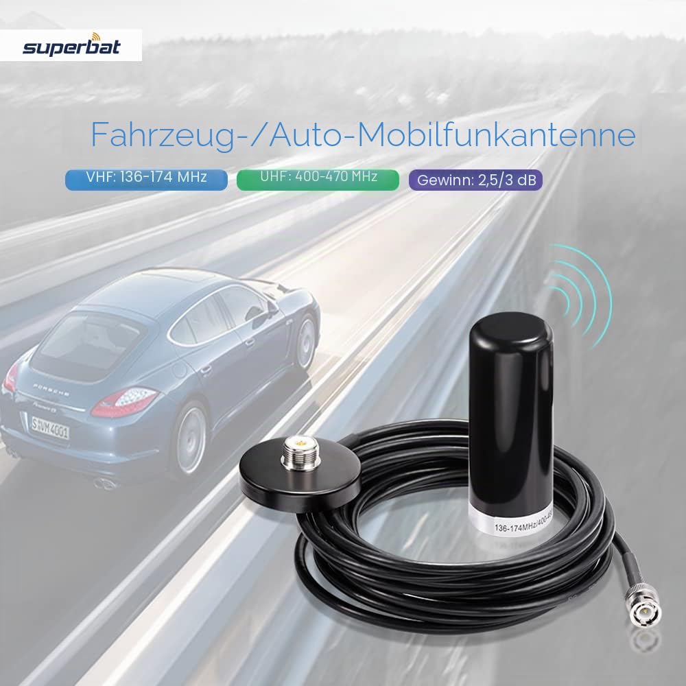 Superbat Auto Mobile Funkgerät Antenne VHF/UHF Dual Band 136-174MHz 400-460MHz,5M RG58 Kabel BNC Stecker Amateurfunkantenne Magnetfuß für Auto Mobilfunkstation BC125AT BCD996P2 BC75XLT BC125AT