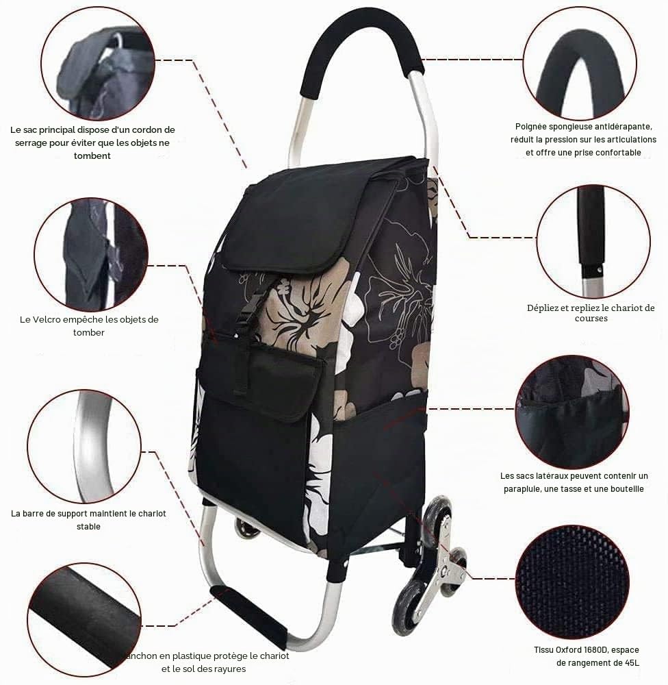 Chariot de Courses Pliable 6 Roues avec Monte-Escalier,Sac Amovible et Cordon Élastique Réglable,2 Poches Supplémentaires,Capacité Maximale 50kg 45L
