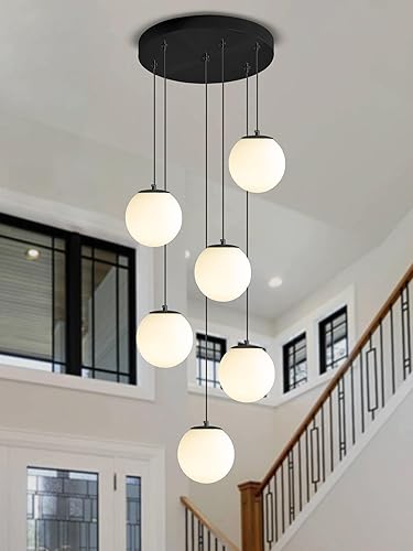 Miniatura 34 de Lámpara Colgante de Globo de Vidrio de 6 Luces Moderna Candelabro de Globo de Vidrio Gris Humo Grandes Candelabros para Techos Altos Entrada Luz