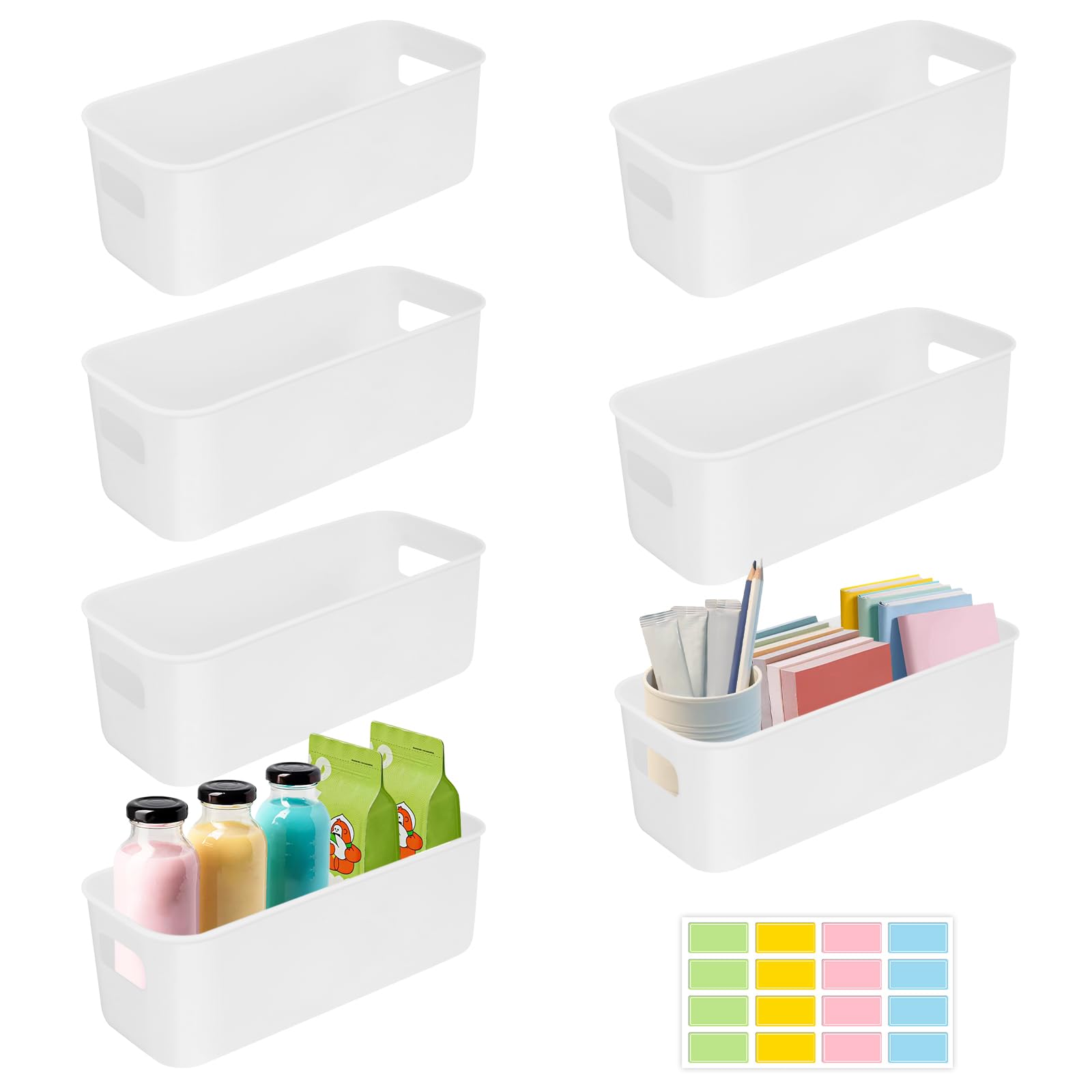 7 Plastic Storage Boxes, SHAIDOJIO White Rectangular Storage Baskets with Handles - 27 x 9 x 8 cm, Kitchen Cabinet Storage with 1 Sheet of Coloured Labels for Bathroom Toy Office