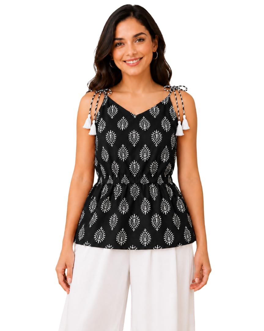 Women’s Printed Spaghetti Strap Peplum Top with Tie-Up Shoulder Details-picture-43