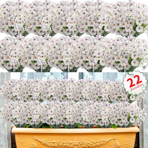 Usmilegift Artificial Flowers Outdoor,22 Bundles Faux Flowers UV Resistant,Faux Plastic Plants Silk Flower for Outdoors Outside Front Porch Hanging Planter Decoration(White)