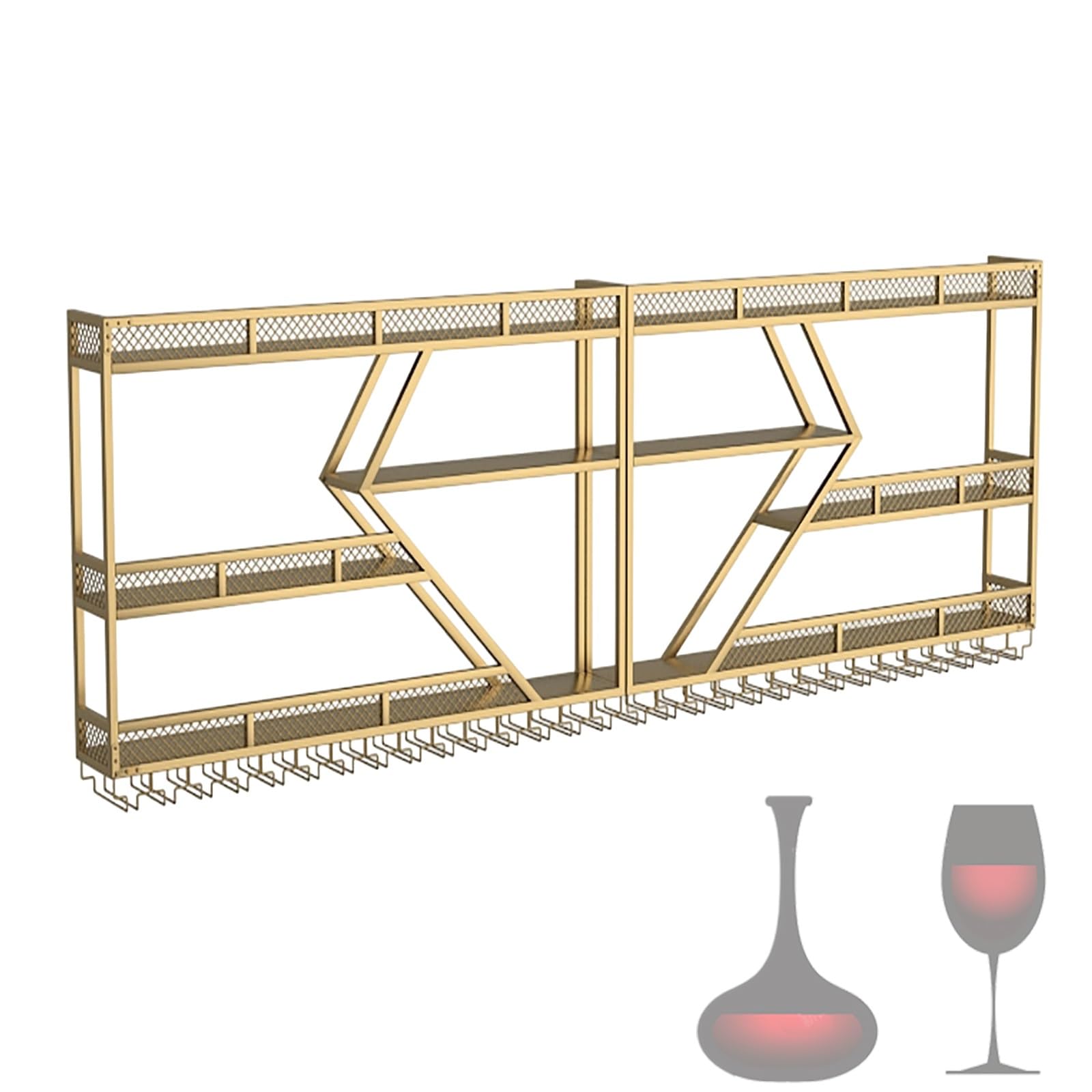 Metalowy stojak na wino montowany na ścianie z oświetleniem LED, żelazna półka barowa na butelki alkoholu, pływające półki barowe z wiszącym uchwytem na szkło, duża pojemność, do jadalni