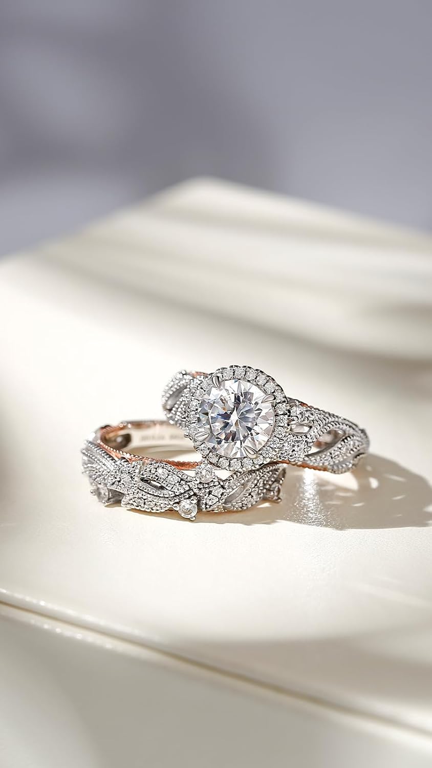 Jeulia 4 Carat Openwork Ring Sets for Women 925 Sterling Silver Wedding Sets Rose Gold Round Cut Halo Engagement Ring White Diamond band CZ Solitaire Anniversary Promise Rings - Image 4