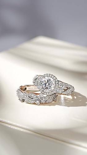 Miniatura 4 de Jeulia Juego de anillos calados de 4 quilates para mujer, plata de ley 925, anillos de compromiso de halo de corte redondo de oro rosa, banda de