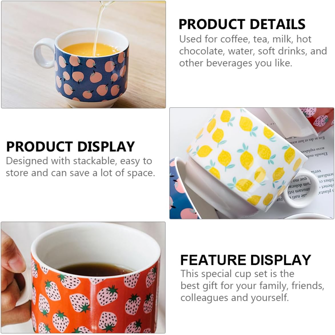 jojofuny Ceramic Stackable Coffee Mugs Set with Iron Stand 200ml Porcelain Drinking Cups for Home Office Kitchen Organizer Four-piece Set