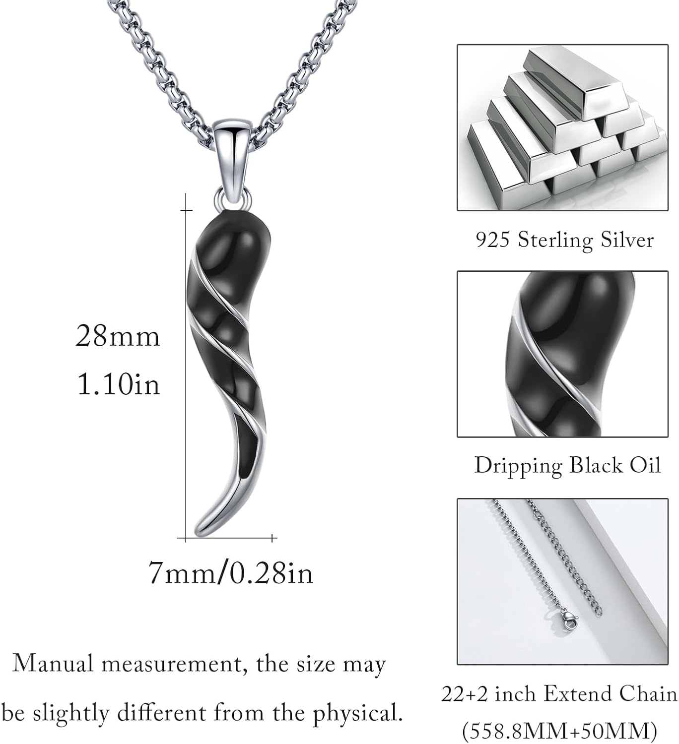 925 Sterling Silver Italian Horn Necklace Good Luck Cornicello Pendant with 22"+2" Stainless Steel Chain - Image 3